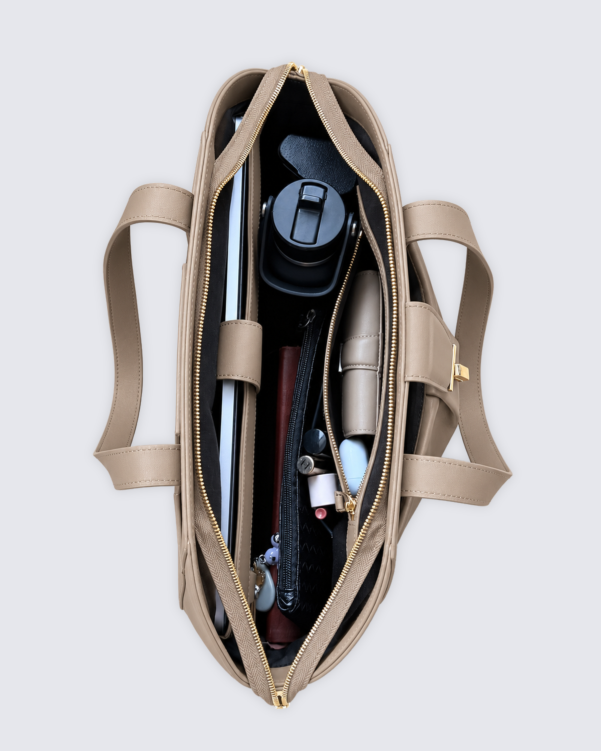 The Fiora Tote in Oat, open and packed, from above