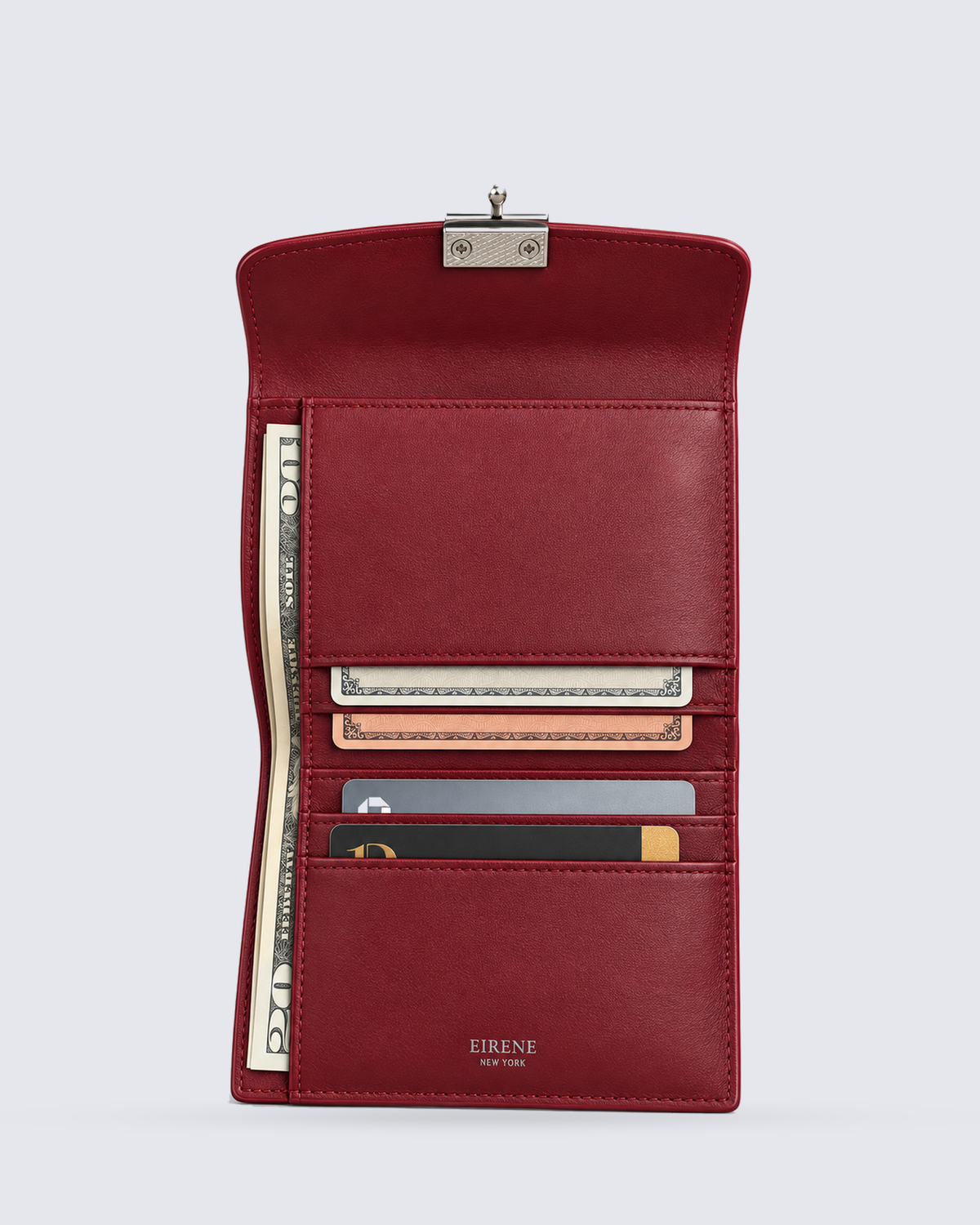 The Margaux Wallet in Cherry Red, filled