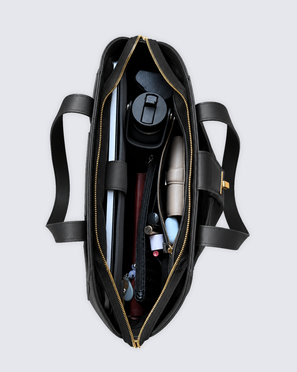 The Fiora Tote in Jet Black, open and packed, from above