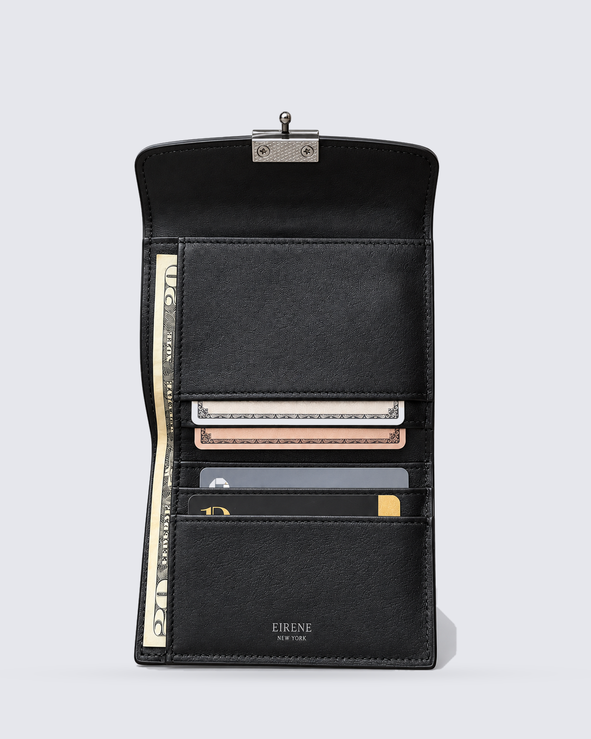 The Margaux Wallet in Jet Black, filled